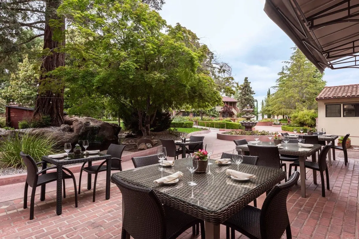 A cozy outdoor lounge area with a fire pit, surrounded by comfortable seating, lush plants, and natural daylight.