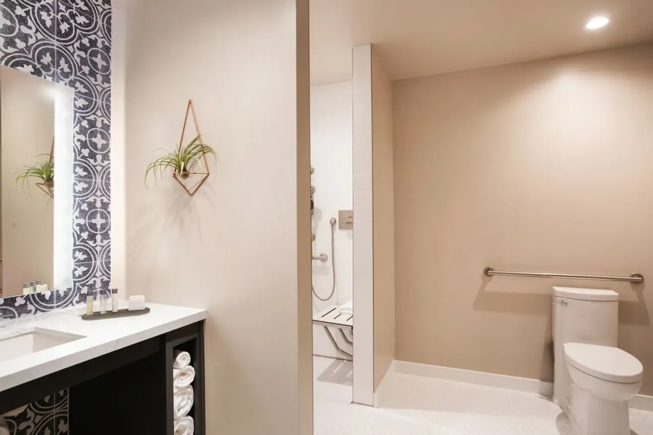 Modern bathroom with beige walls, a toilet with a grab bar, a walk-in shower with a fold-down seat, a vanity with towels and toiletries, a large mirror, and a small hanging plant on the wall.