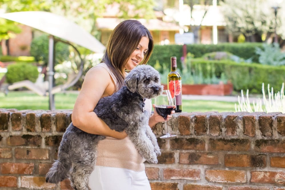 A woman stands by a brick wall outdoors, holding a fluffy gray dog in one arm and a glass of red wine in the other. A bottle of wine rests on the wall, and greenery is visible in the background.