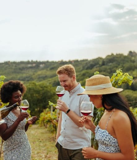 Three people stand in a vineyard during Paso Robles Events, smiling and sipping red wine. Two women—one in a straw hat—and a man enjoy the outdoor setting, lush green vines, and scenic landscape in the background.