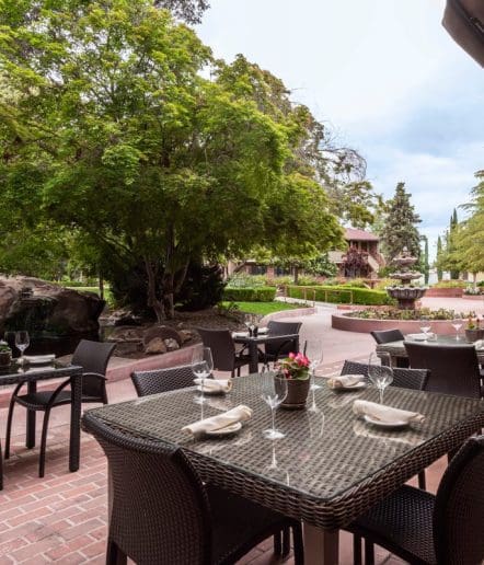 Outdoor dining area with wicker chairs and a table set with glasses and napkins, surrounded by greenery, trees, and a fountain in a garden setting on a brick patio.