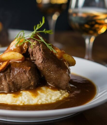 A gourmet dish featuring two pieces of steak with brown sauce, grilled vegetables, and herbs on creamy mashed potatoes—perfect for savoring after a day exploring wine country hotel deals. A glass of wine is blurred in the background.