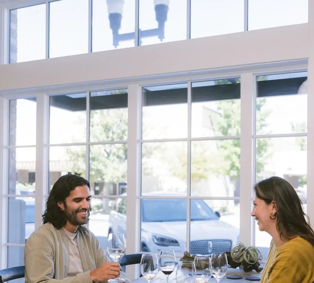 Two people sit at a wooden table by large windows, smiling and talking while tasting wine. Several wine glasses and a plate of snacks are on the table, with daylight streaming into the modern room.