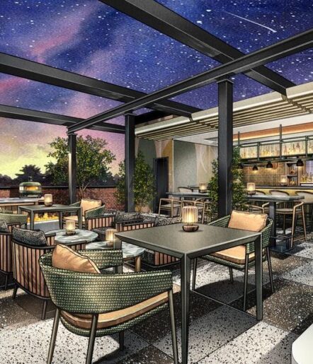 A stylish rooftop restaurant with cozy wicker chairs, modern tables, and warm lighting under a starry night sky with purple hues. The bar area is illuminated, and potted plants add greenery to the open-air space.