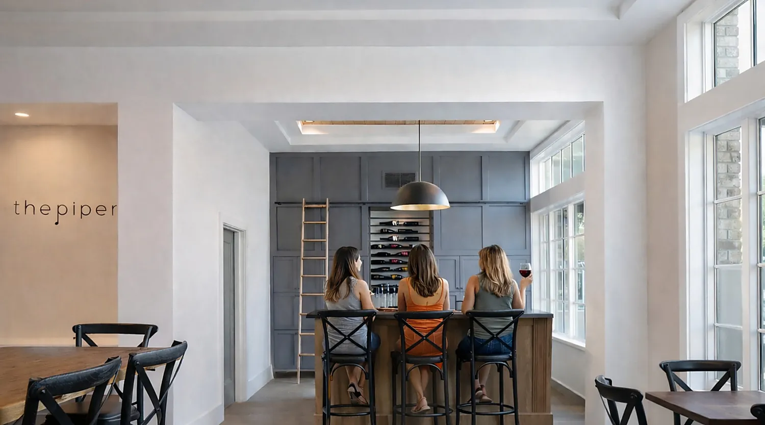 Three women sit at a bar in a modern, bright room at The Piccolo at Paso Robles Inn, with large windows, a wine rack on the back wall, and a ladder leaning against it. They each have a drink and are engaged in conversation.