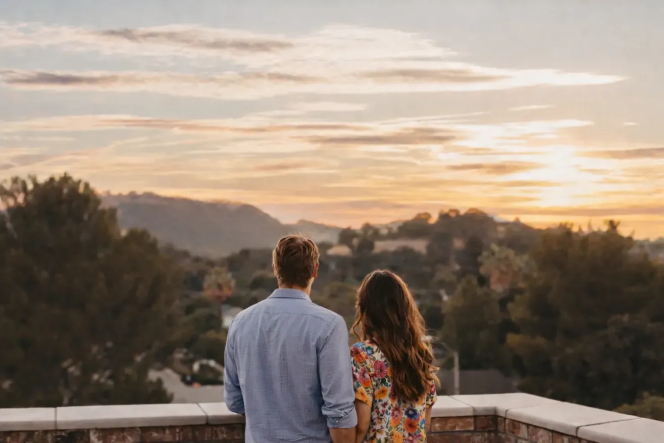 A man and woman stand side by side on a balcony at Luxury Hotel Paso Robles, admiring a scenic sunset over distant hills and trees. The sky is filled with soft clouds and warm, golden light.