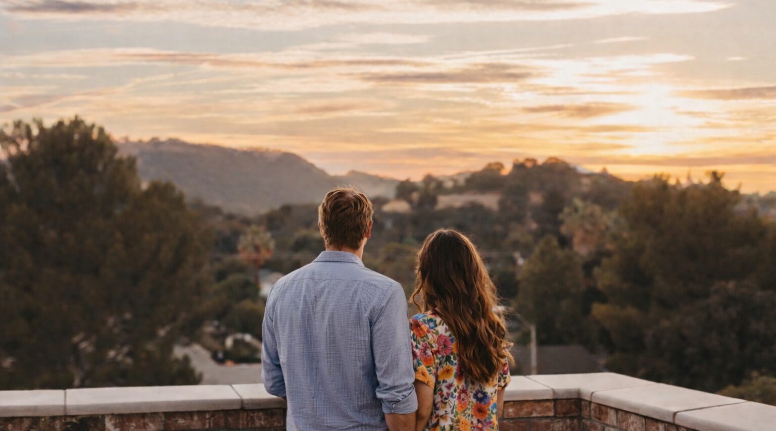 A man and woman stand side by side on a balcony, looking out at a scenic landscape of trees and hills during a colorful sunset.