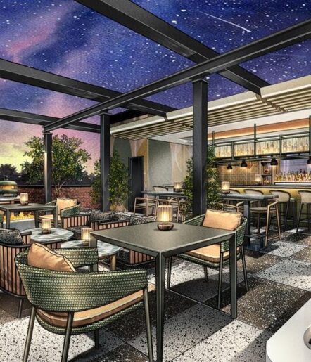 A stylish rooftop restaurant with modern furniture, cozy seating, warm lighting, and a bar area, set under a clear glass roof showcasing a starry night sky. Trees and plants decorate the space.