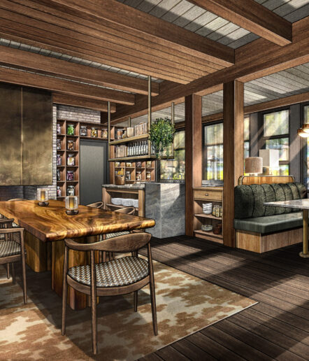 A cozy, modern restaurant interior with wooden beams, a live-edge dining table, cushioned booth seating, open shelves with bottles and decor, and large windows letting in natural light.
